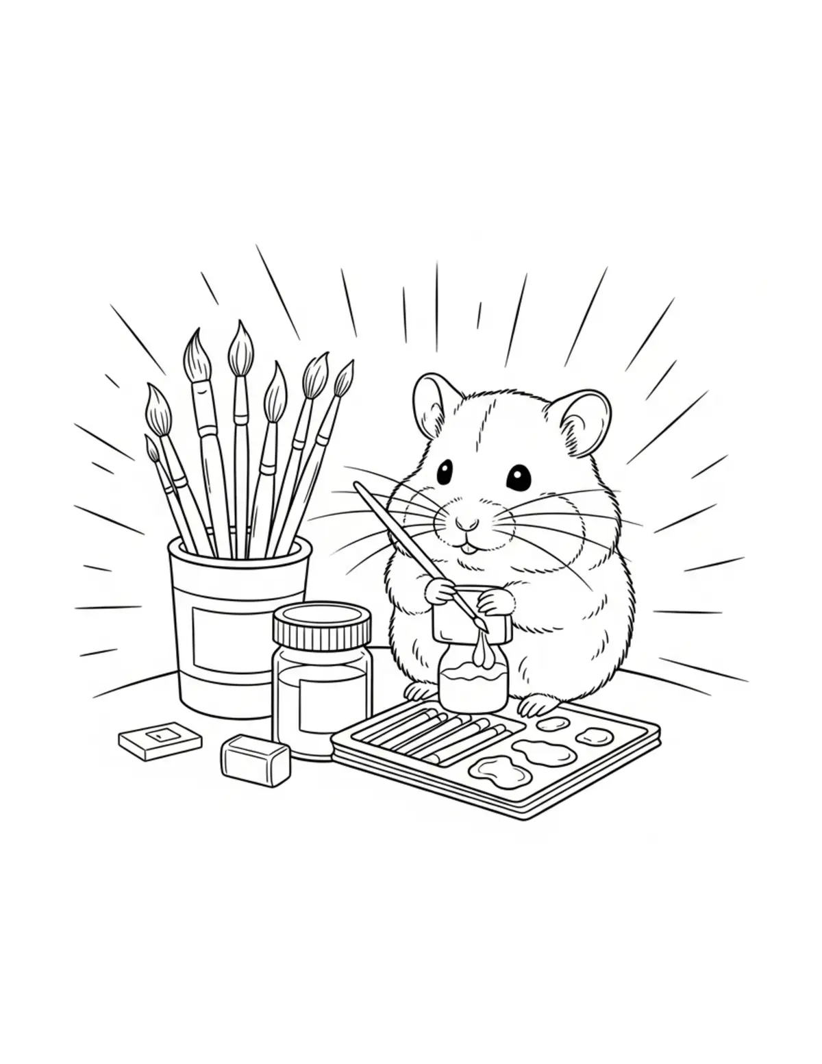 Tiny Hamster Organizing Art Su Coloring Page - free printable JPG featuring adorable tiny animal village scene