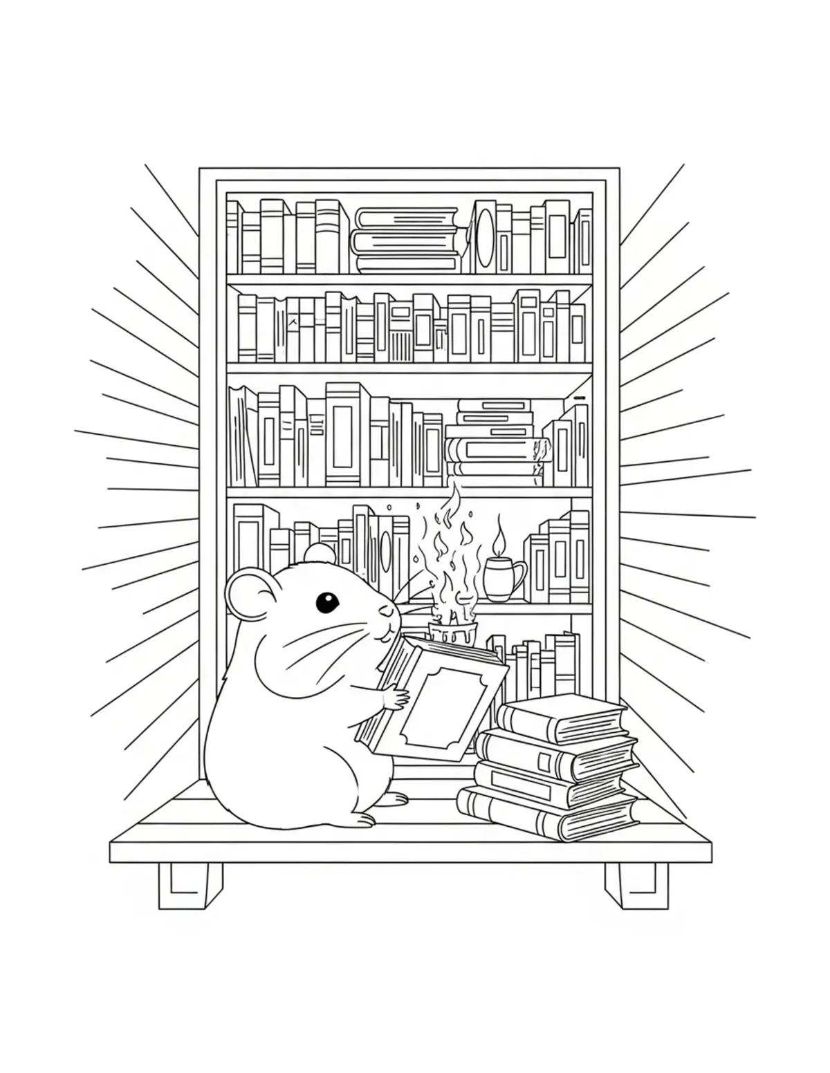 Free printable coloring page: tiny hamster organizing magica coloring page. Cute and cozy tiny animal design for kids and adults to download and print.