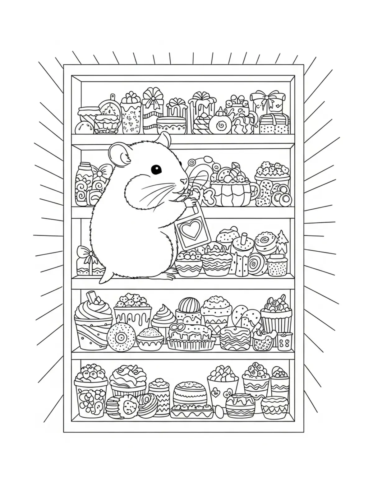 Tiny Hamster Organizing Shelve Coloring Page - free printable JPG featuring adorable tiny animal village scene