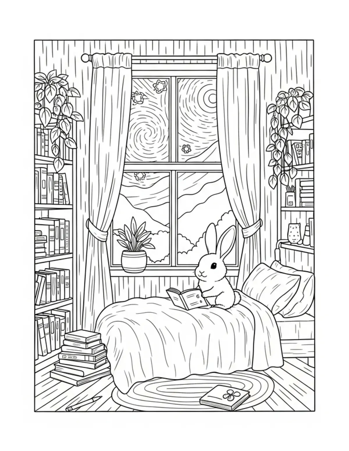 Free printable coloring page: tiny rabbit cozy bedroom book coloring page. Cute design for kids and adults.