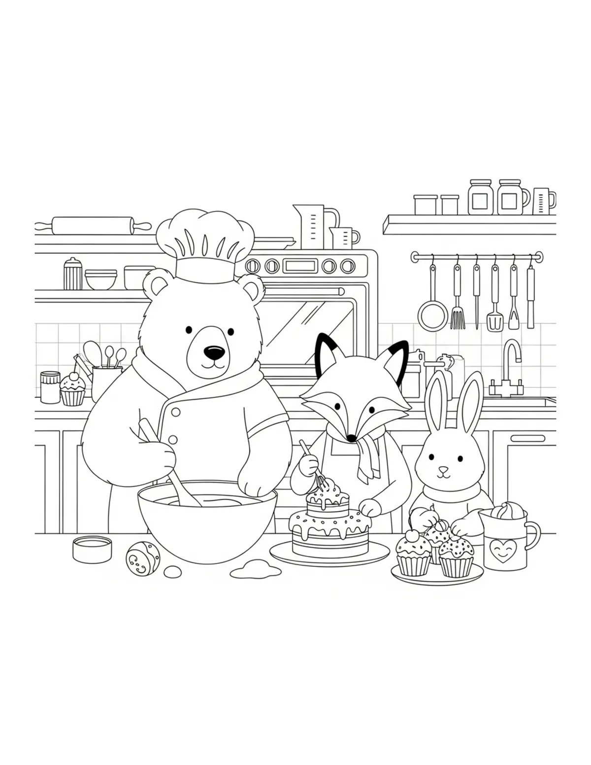 Free printable coloring page: bear-baking-with-friends coloring page. Cute and cozy design for kids and adults to download and print.