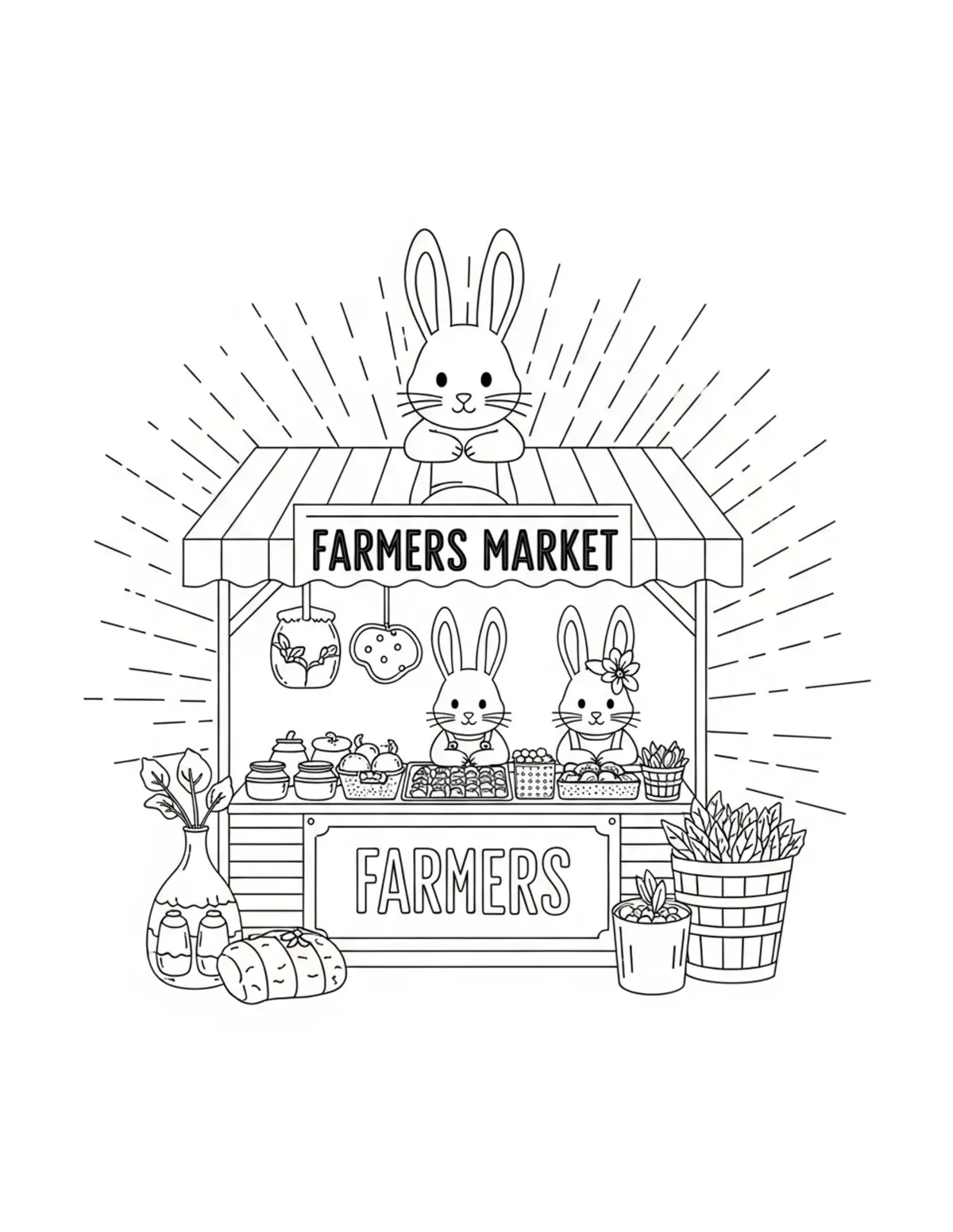 Free printable coloring page: bunny farmers market coloring page. Cute and cozy design for kids and adults to download and print.
