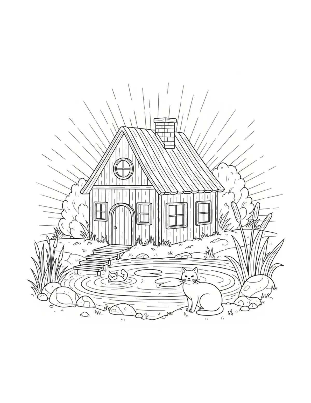 Cat Cottage By Pond — free printable cozy coloring coloring page for kids and adults