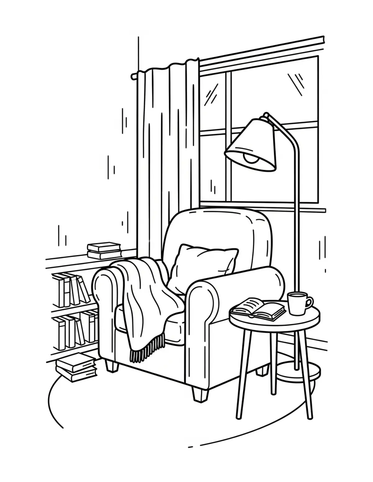Free printable coloring page: cozy-reading-corner coloring page. Cute and cozy design for kids and adults to download and print.