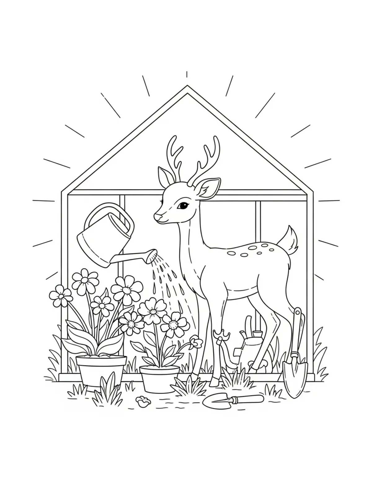 Free printable coloring page: cute deer watering plants in g coloring page. Cute and cozy animal design for kids and adults to download and print.