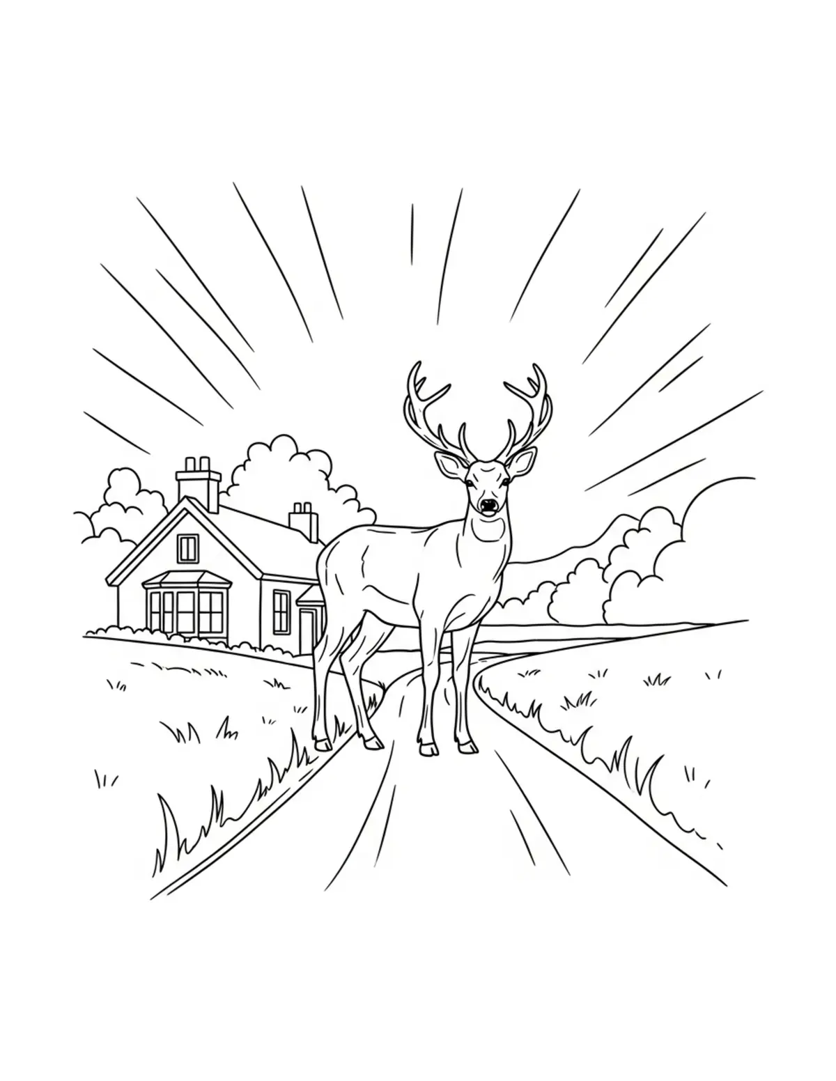 Free printable coloring page: deer countryside cottage lane coloring page. Cute and cozy deer cottage design for kids and adults to download and print.