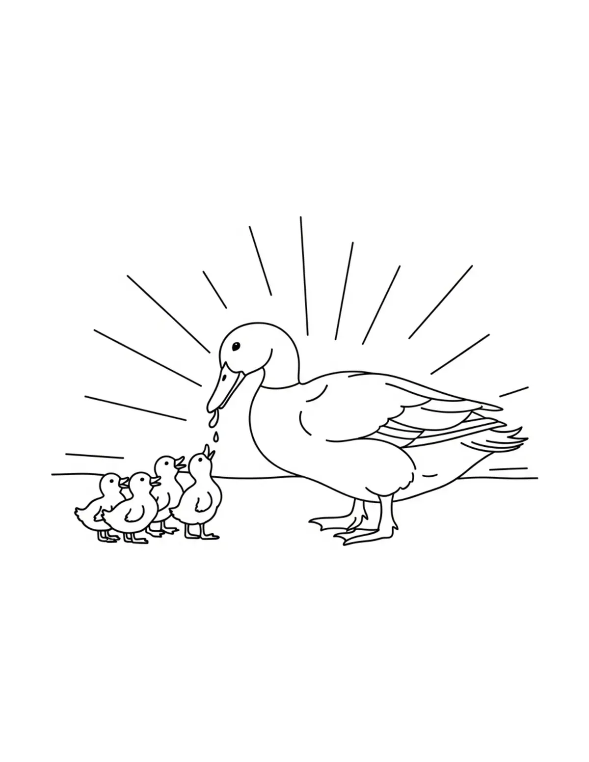 Duck Feeding Baby Ducklings Coloring Page - free printable JPG featuring adorable duck scenes