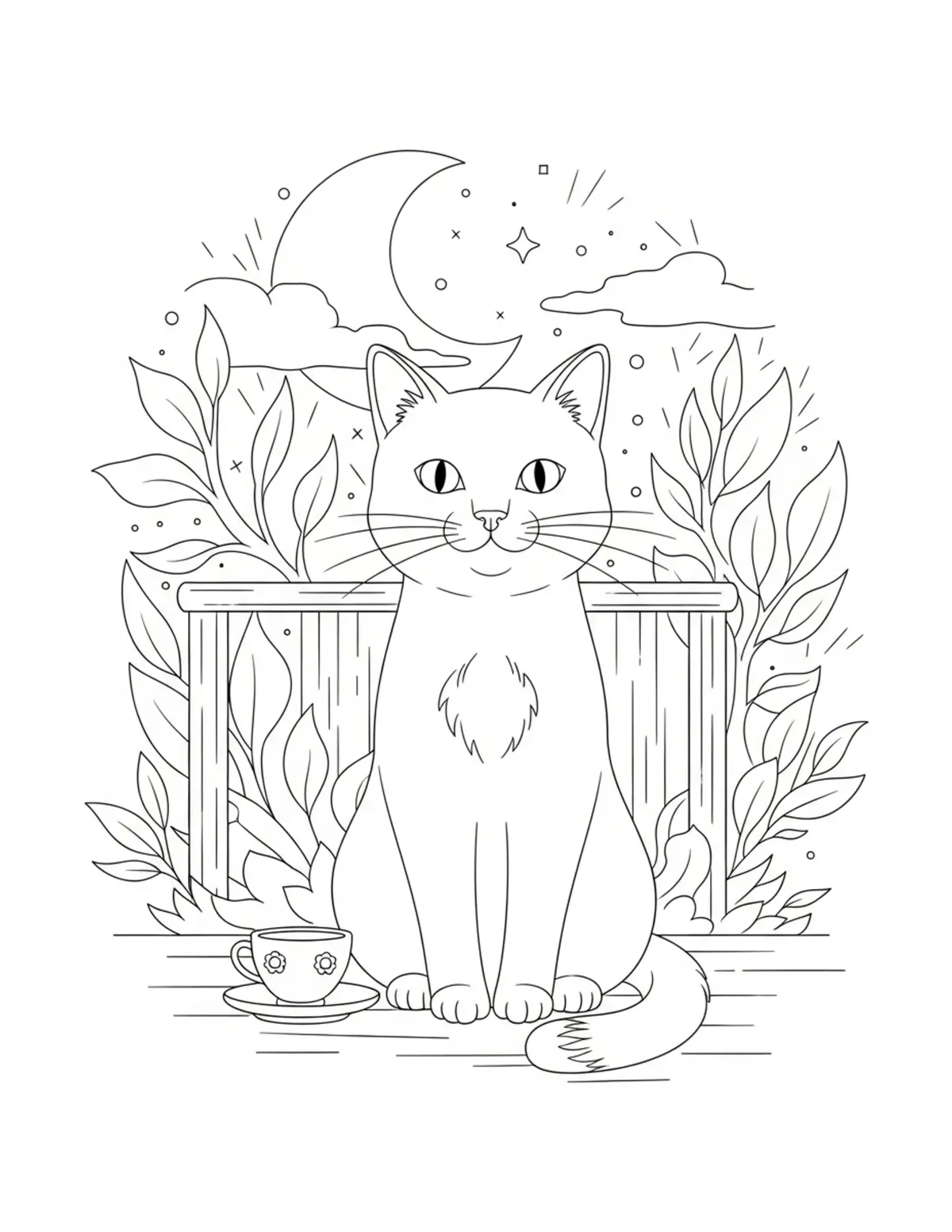 Free printable coloring page: cat cafe under moonlig coloring page. Cute and cozy design for kids and adults to download and print.