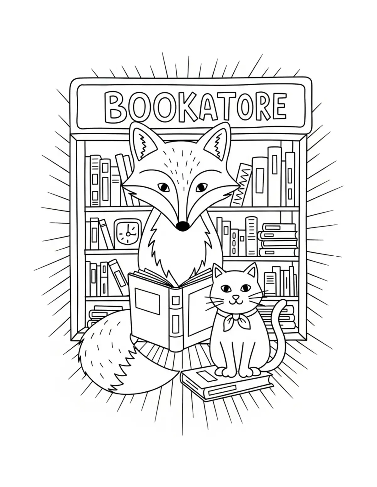 Free printable coloring page: fox bookstore with cat friend coloring page. Cute and cozy bookstore and reading design for kids and adults to download and print.