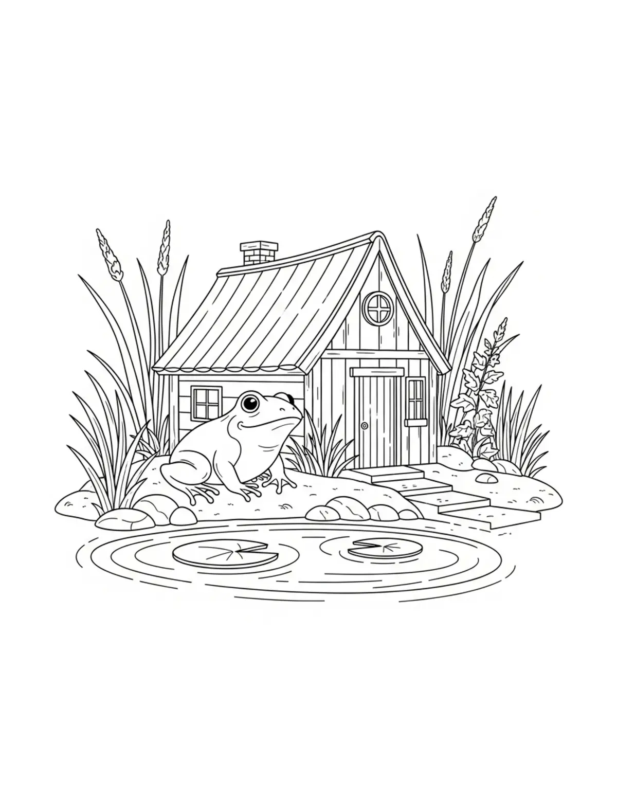 Free printable coloring page: frog cottage beside pond coloring page. Cute and cozy design for kids and adults to download and print.