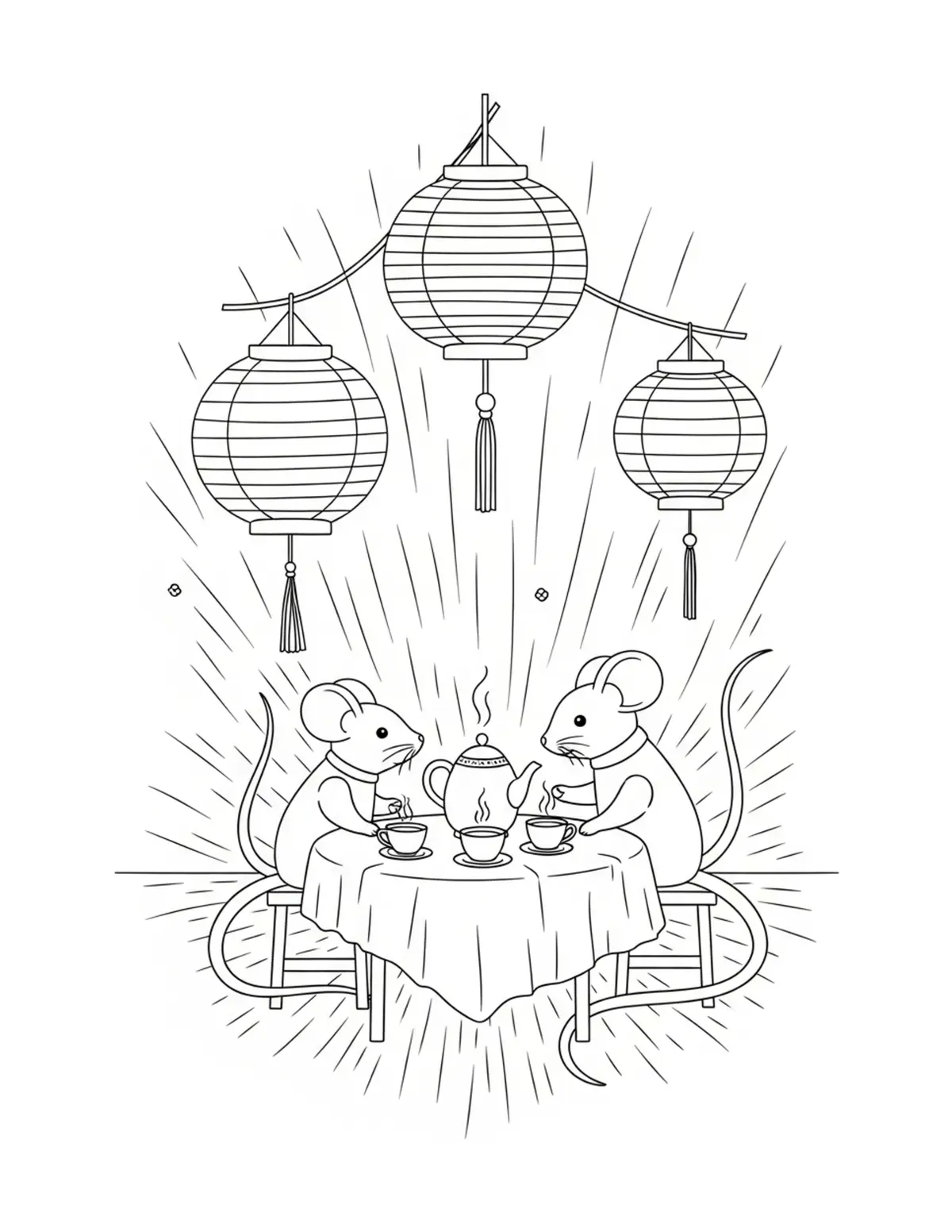 Free printable coloring page: mouse tea party under lanterns coloring page. Cute and cozy mouse tea party design for kids and adults to download and print.