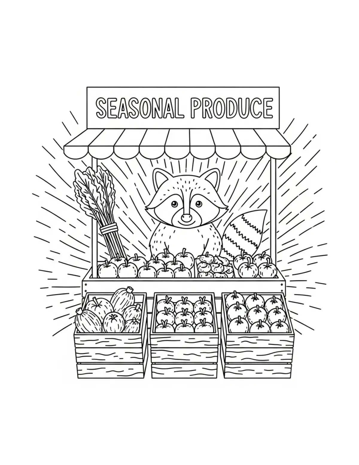 Raccoon Seasonal Produce Stand coloring page - free printable JPG featuring adorable raccoons at a market