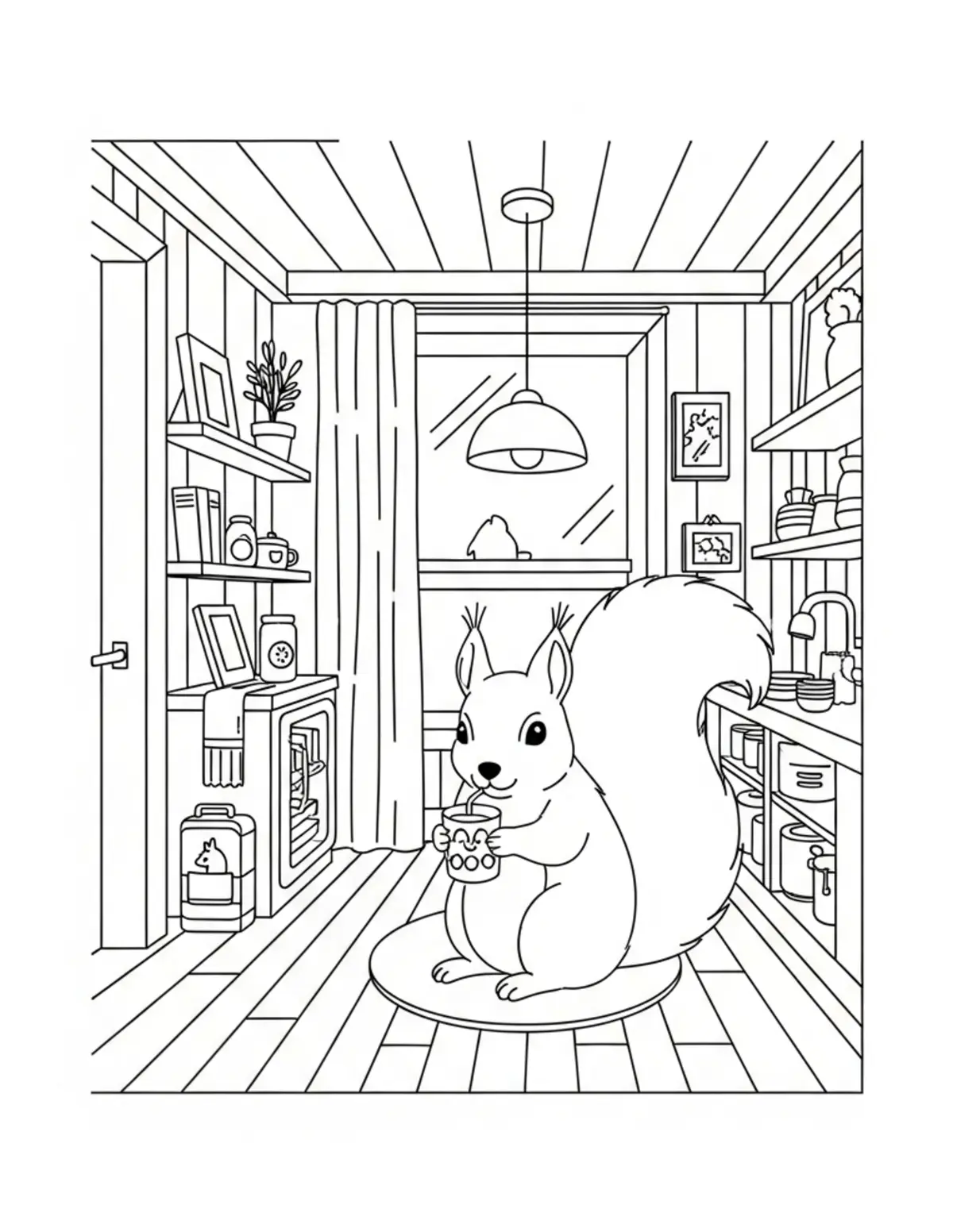 Squirrel Cozy Shop Interior coloring page - free printable JPG featuring adorable squirrels in a woodland scene