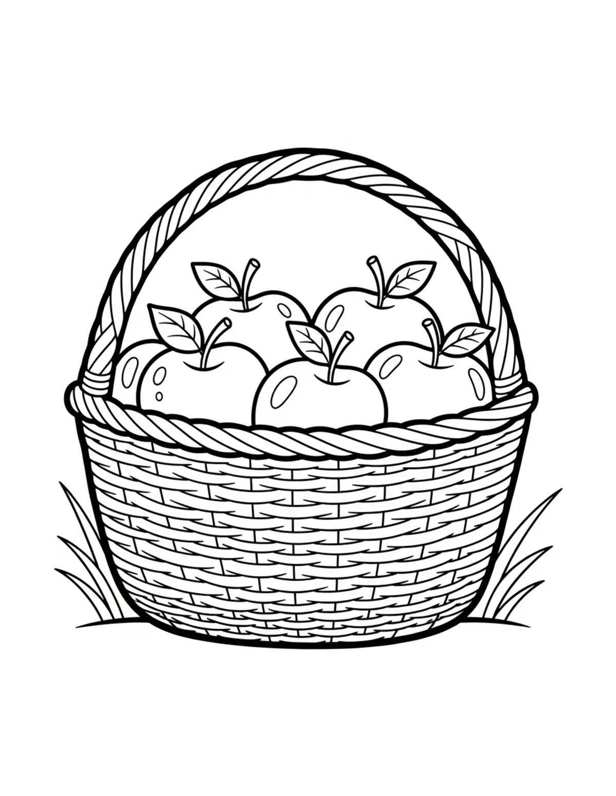 Free printable coloring page: bold-easy-apple-basket coloring page. Cute and cozy design for kids and adults to download and print.