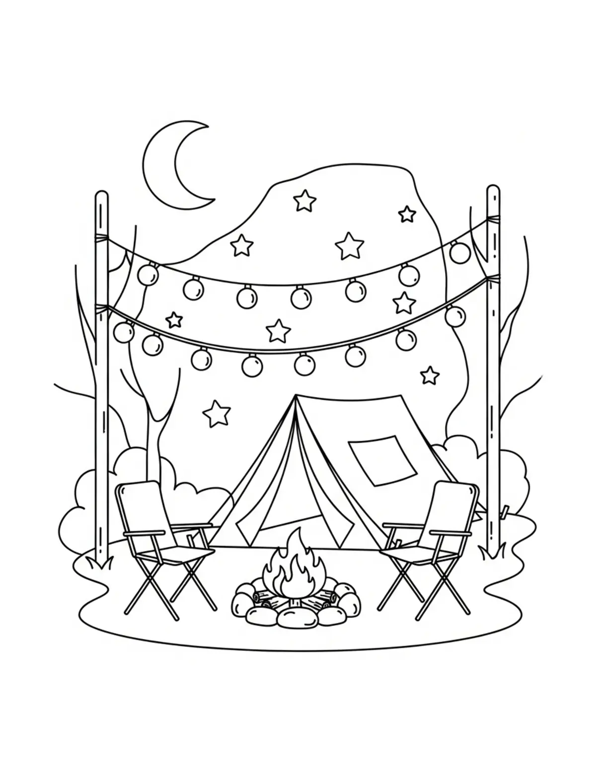 Free printable coloring page: cozy backyard camping night coloring page. Cute and cozy summer design for kids and adults to download and print.