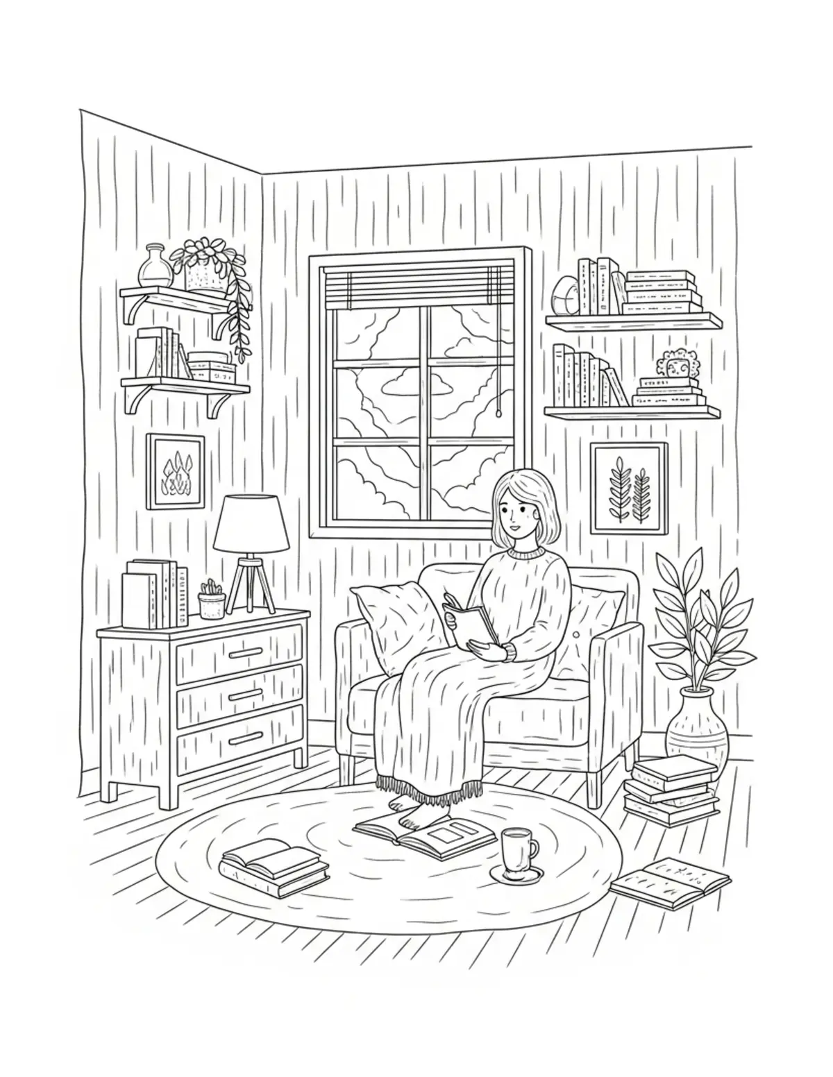Free printable coloring page: cozy nature journal room coloring page. Cute and cozy design for kids and adults to download and print.