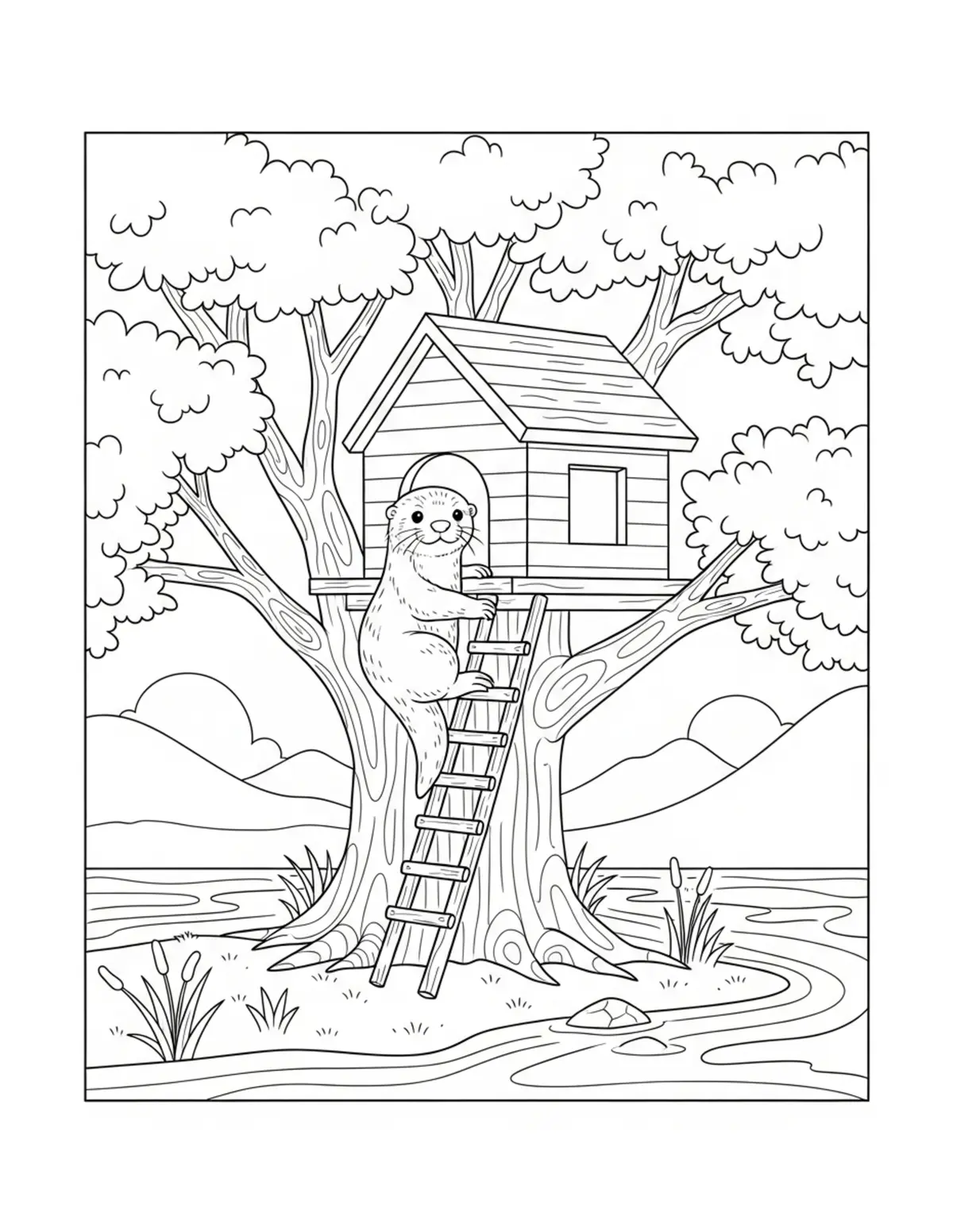 Cute Baby Otter Building A Tre coloring page - free printable JPG featuring adorable woodland animals