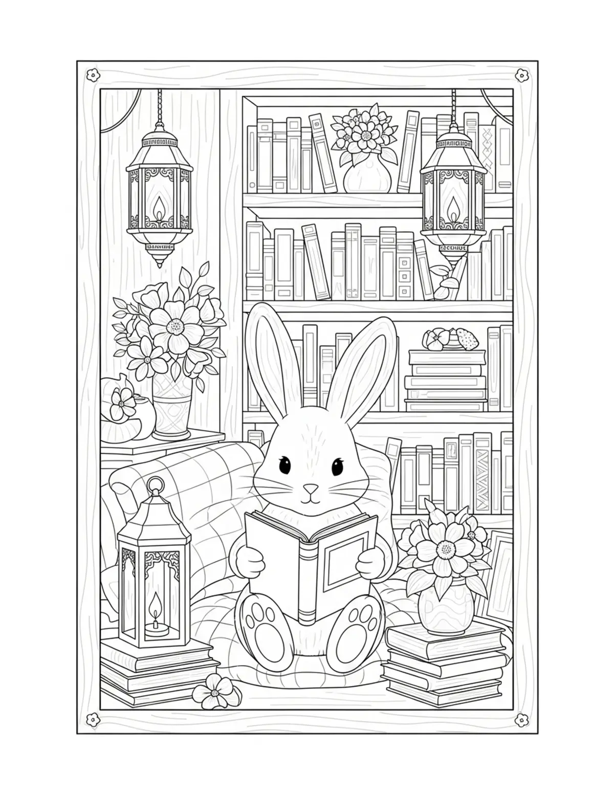 Free printable coloring page: cute bunny reading books insid coloring page. Cute design for kids and adults.