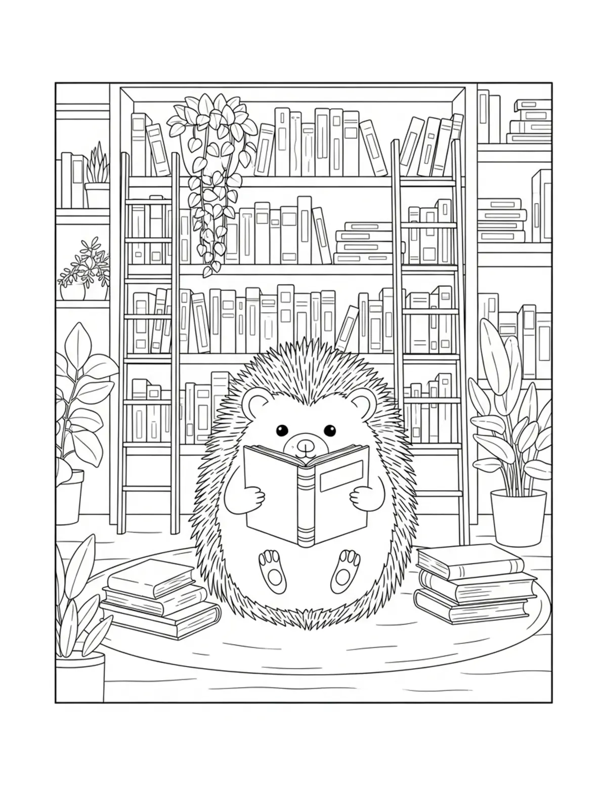 Cute Hedgehog Library — free printable cozy coloring coloring page for kids and adults