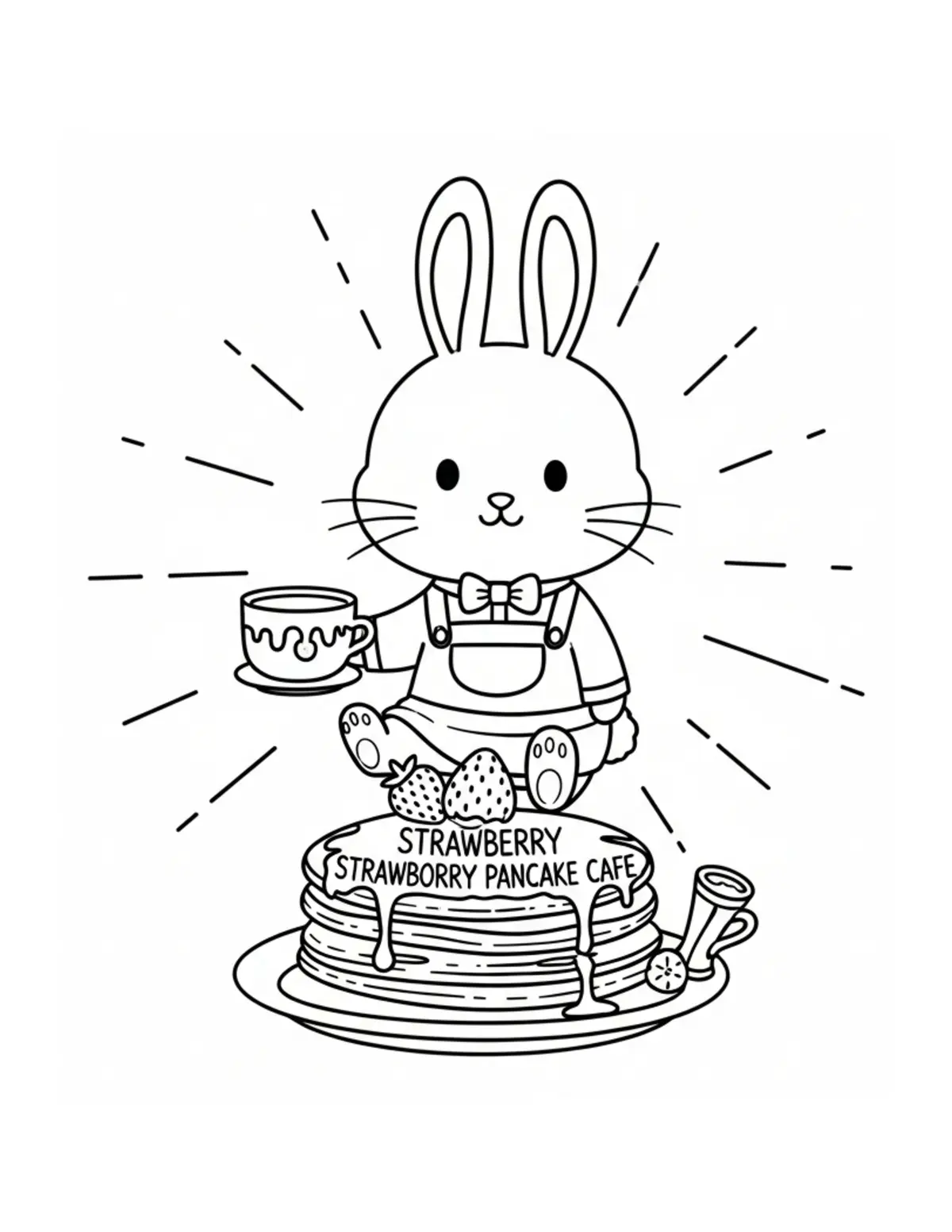 Free printable coloring page: tiny-bunny-running-a-strawberr coloring page. Cute and cozy design for kids and adults to download and print.