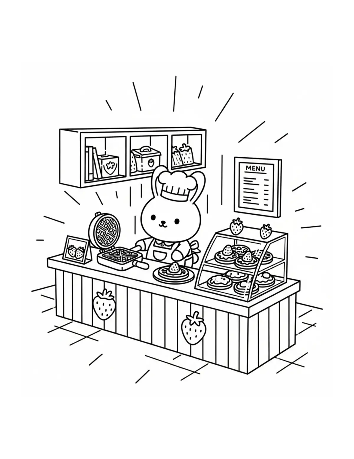 Free printable coloring page: tiny-bunny-running-a-strawberr-副本 coloring page. Cute and cozy design for kids and adults to download and print.