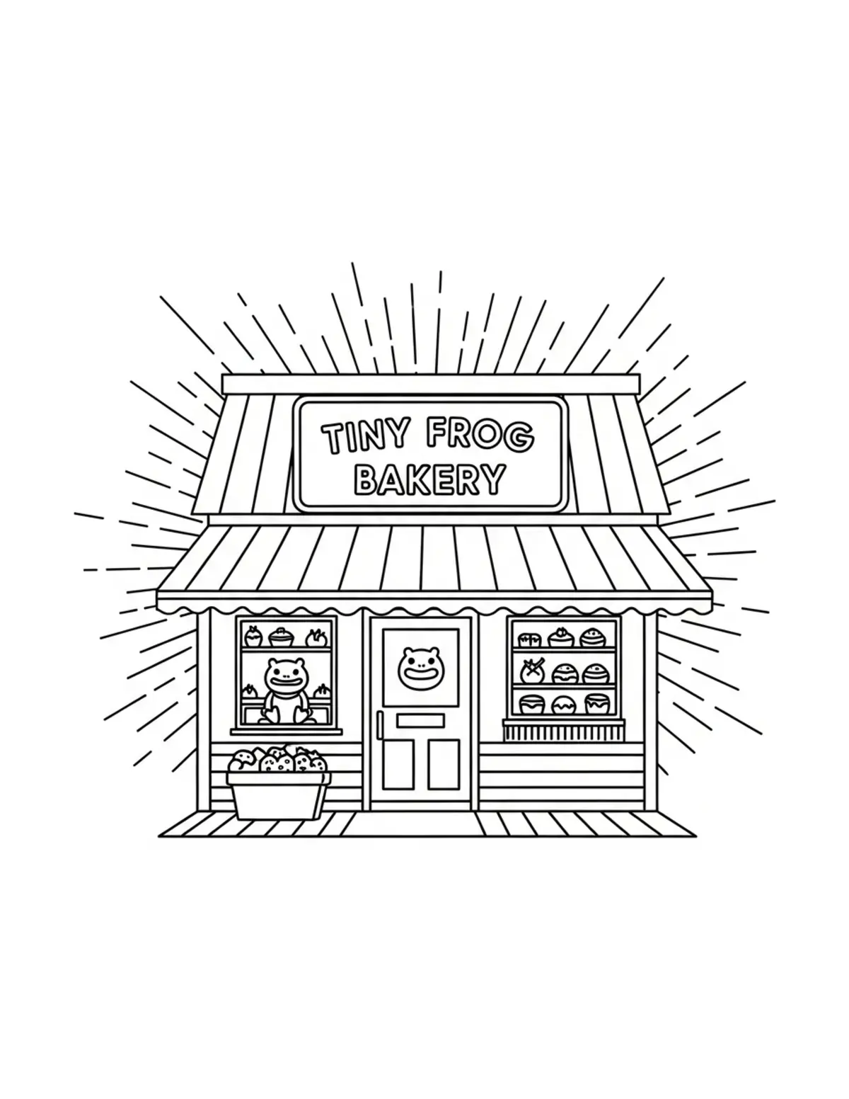 Free printable coloring page: tiny frog bakery coloring page. Cute and cozy design for kids and adults to download and print.