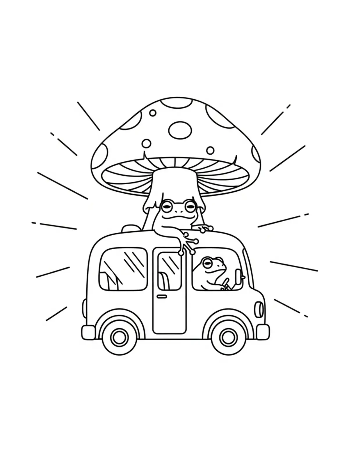 Free printable coloring page: tiny-frog-driving-a-mushroom-b coloring page. Cute and cozy design for kids and adults to download and print.