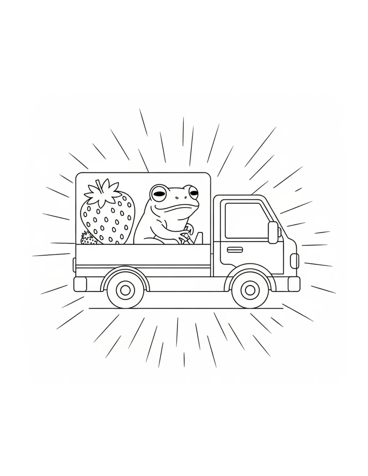 Free printable coloring page: tiny-frog-driving-a-strawberry coloring page. Cute and cozy design for kids and adults to download and print.