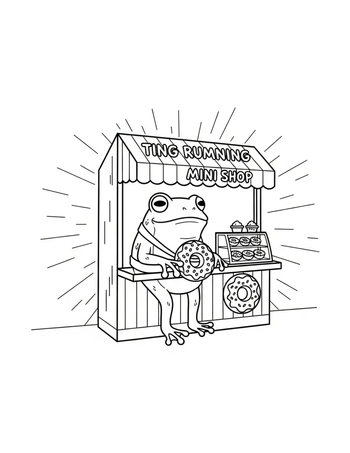 Free printable coloring page: tiny-frog-running-a-mini-donut coloring page. Cute and cozy design for kids and adults to download and print.