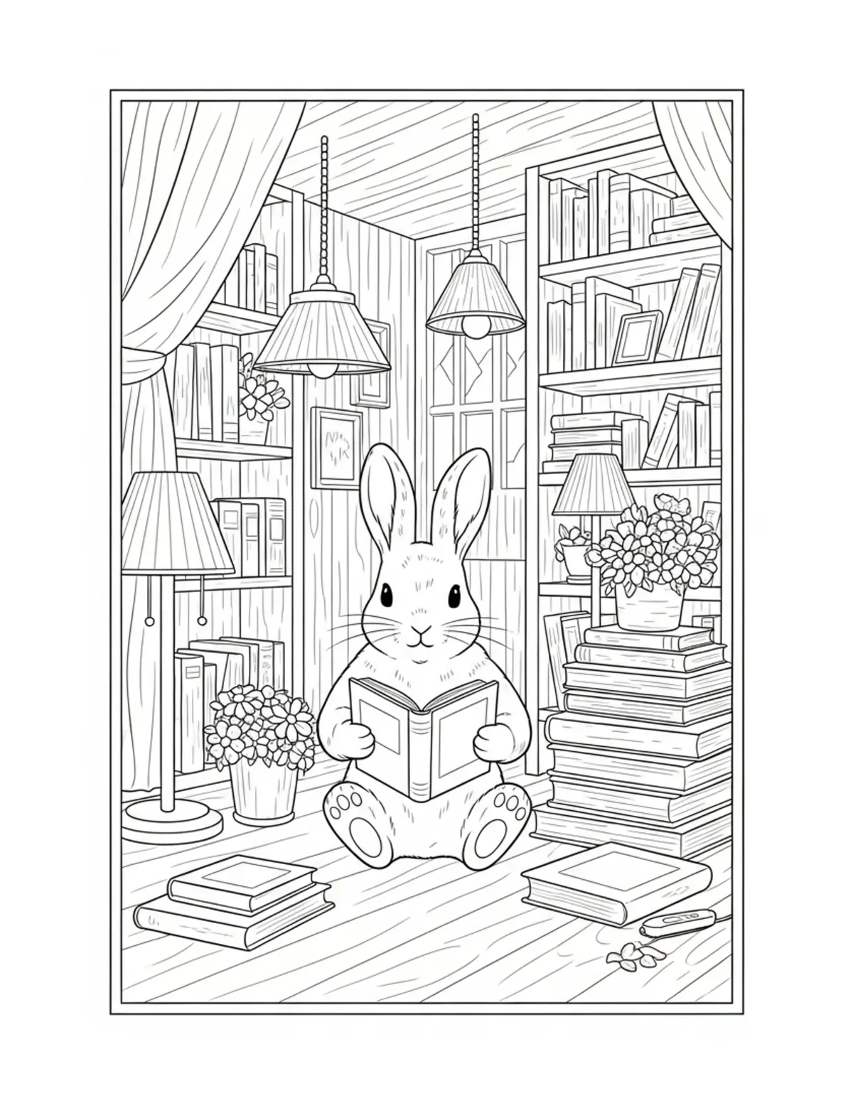 Free printable coloring page: bunny bookstore village coloring page. Cute and cozy design for kids and adults to download and print.