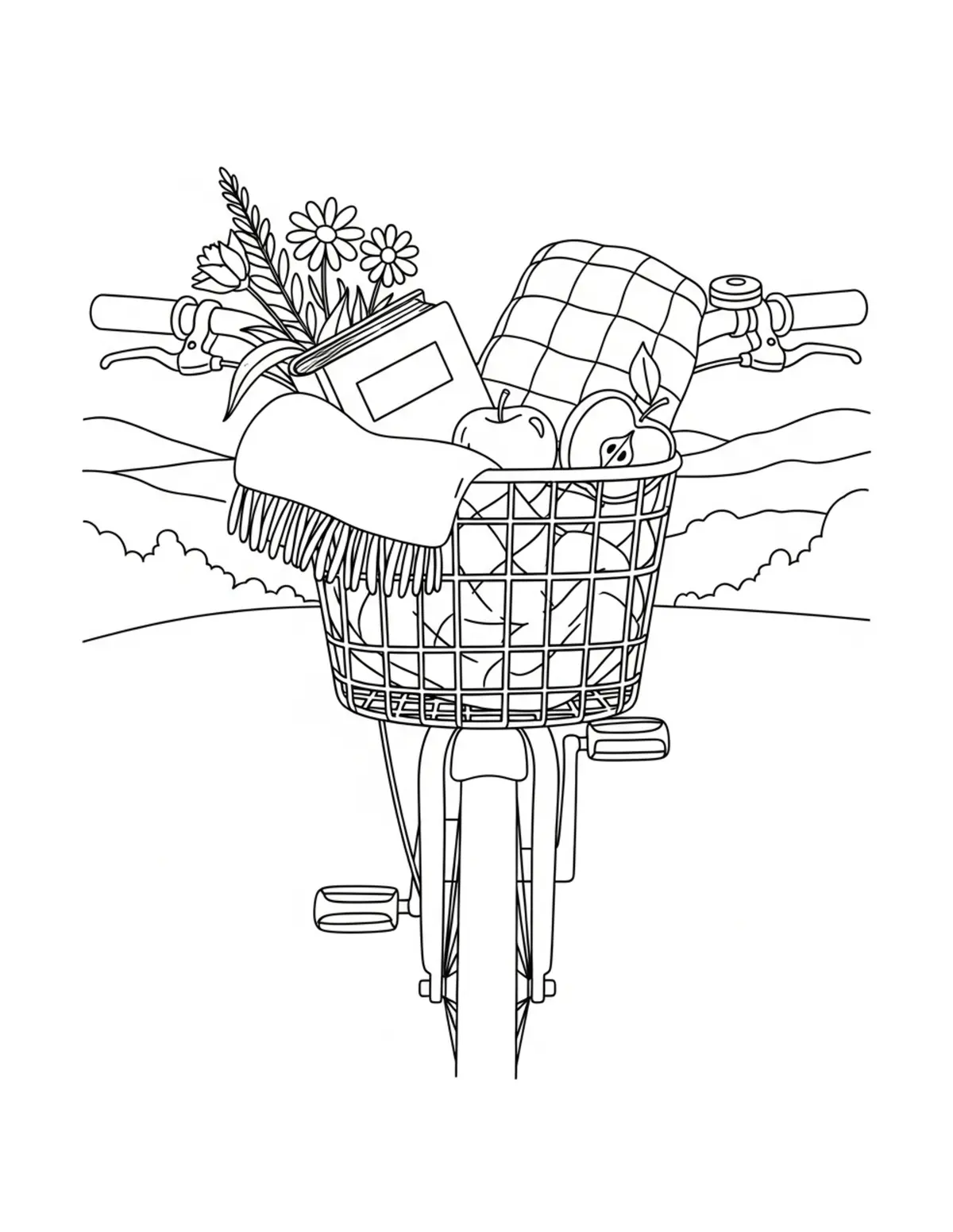 Free printable coloring page: cozy summer bicycle basket coloring page. Cute and cozy summer design for kids and adults to download and print.