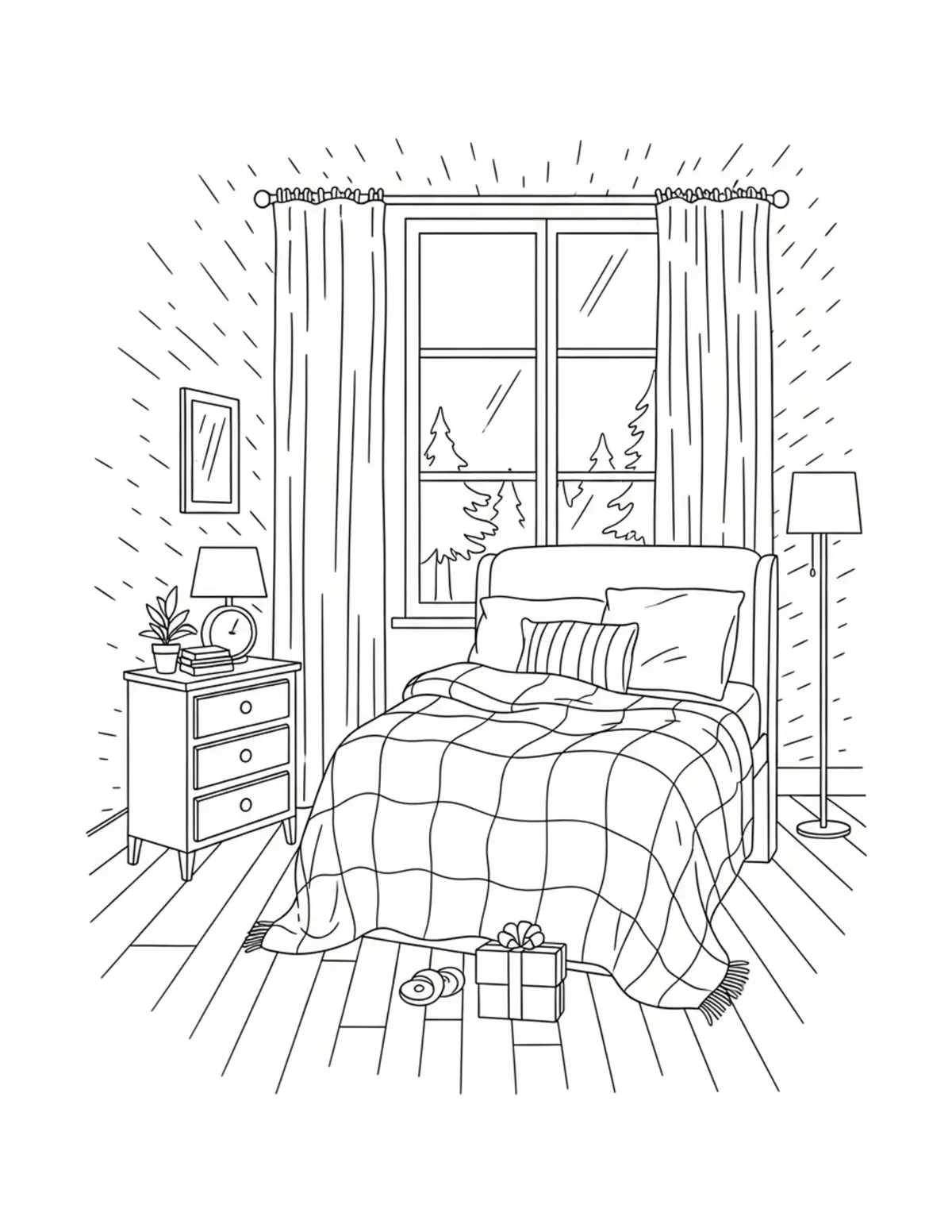 Free printable coloring page: cozy winter blanket room coloring page. Cute and cozy design for kids and adults to download and print.