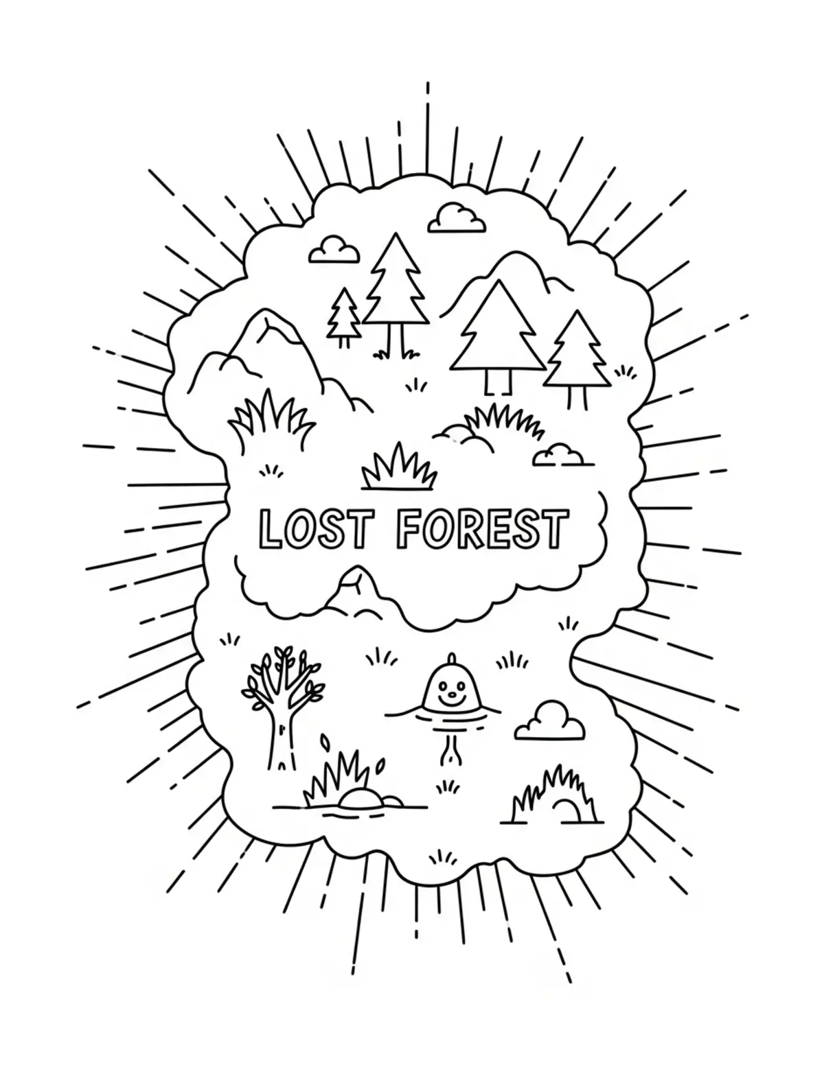 Free printable coloring page: lost-forest-treasure-map coloring page. Cute and cozy design for kids and adults to download and print.