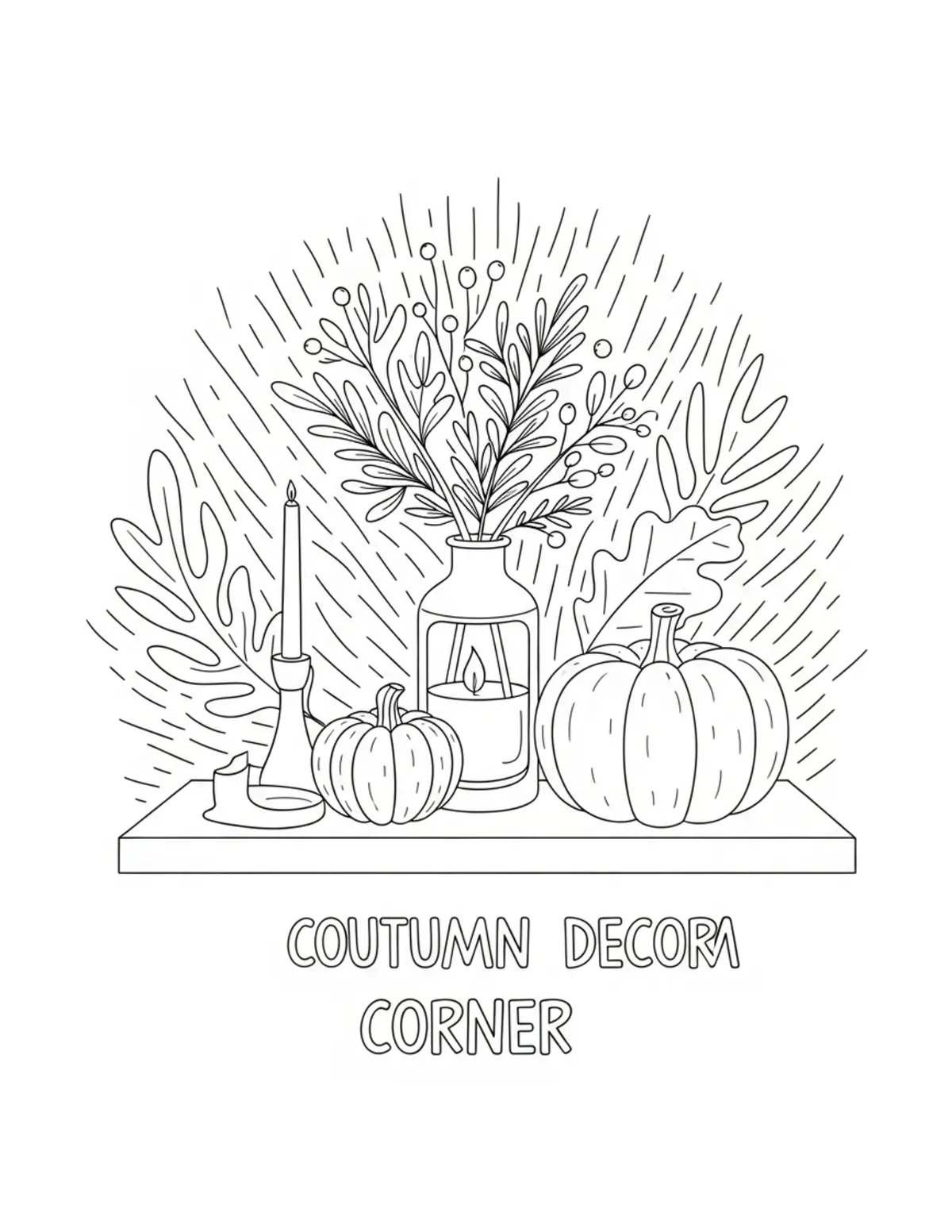 Free printable coloring page: cozy autumn decor corner coloring page. Cute and cozy design for kids and adults to download and print.