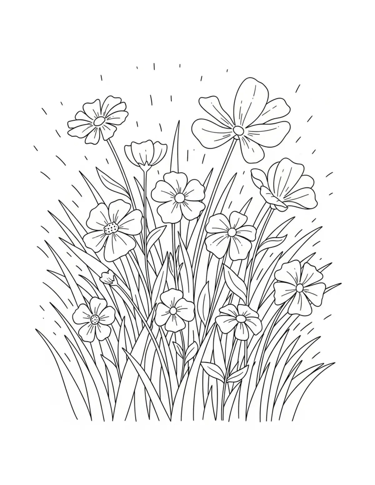 Free printable coloring page: cozy wildflower meadow walk coloring page. Cute and cozy summer design for kids and adults to download and print.