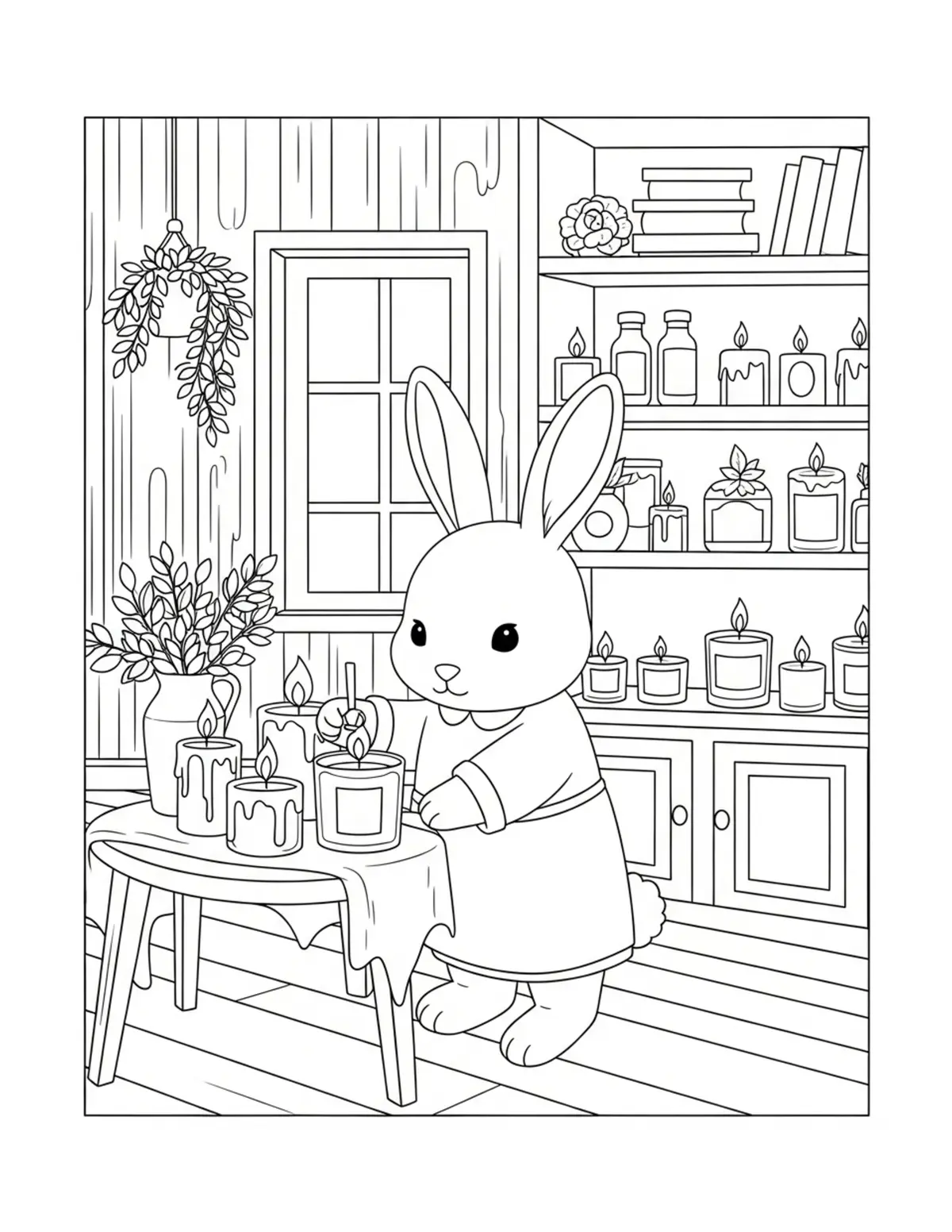 Cute Rabbit Candle Shop Colori — free printable cozy coloring coloring page for kids and adults