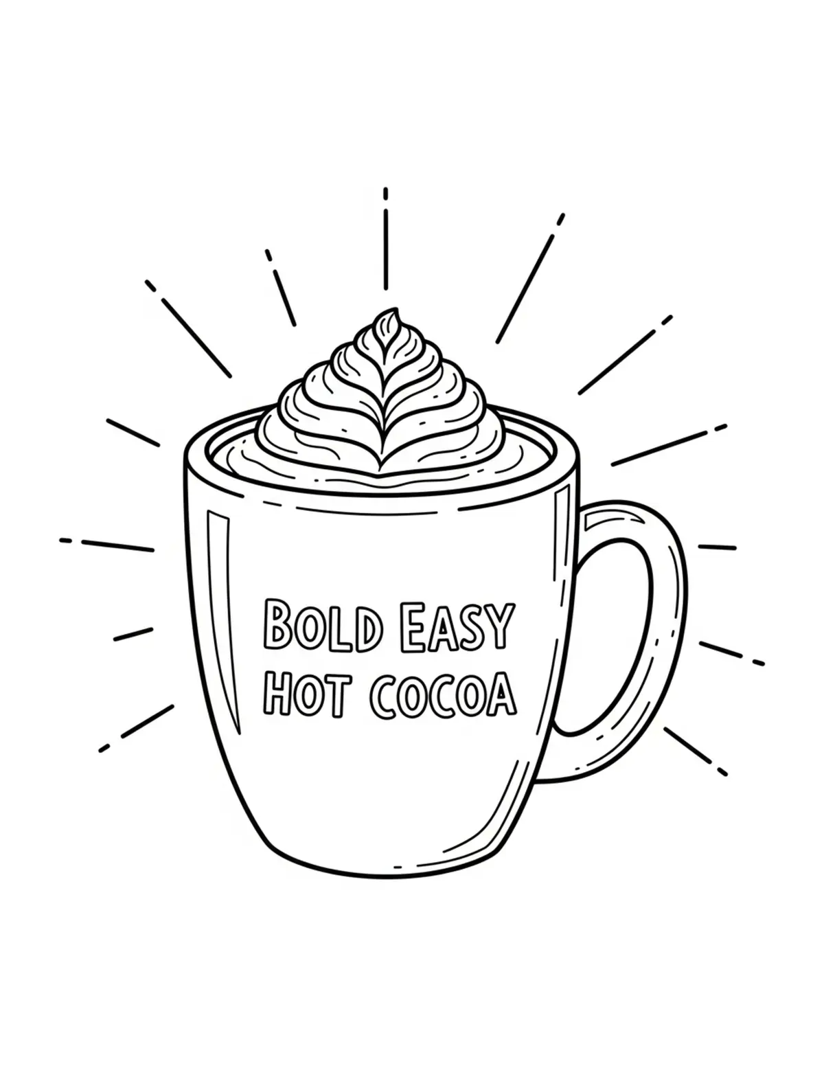 Free printable coloring page: bold-easy-hot-cocoa-mug coloring page. Cute and cozy design for kids and adults to download and print.