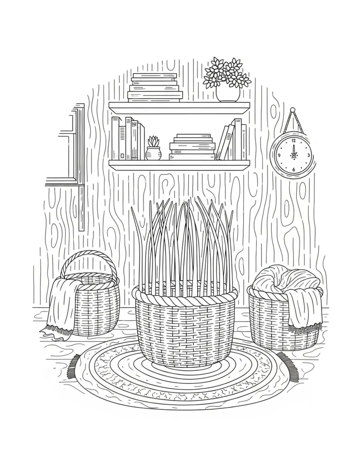 Free printable coloring page: cozy basket weaving room coloring page. Cute and cozy design for kids and adults to download and print.