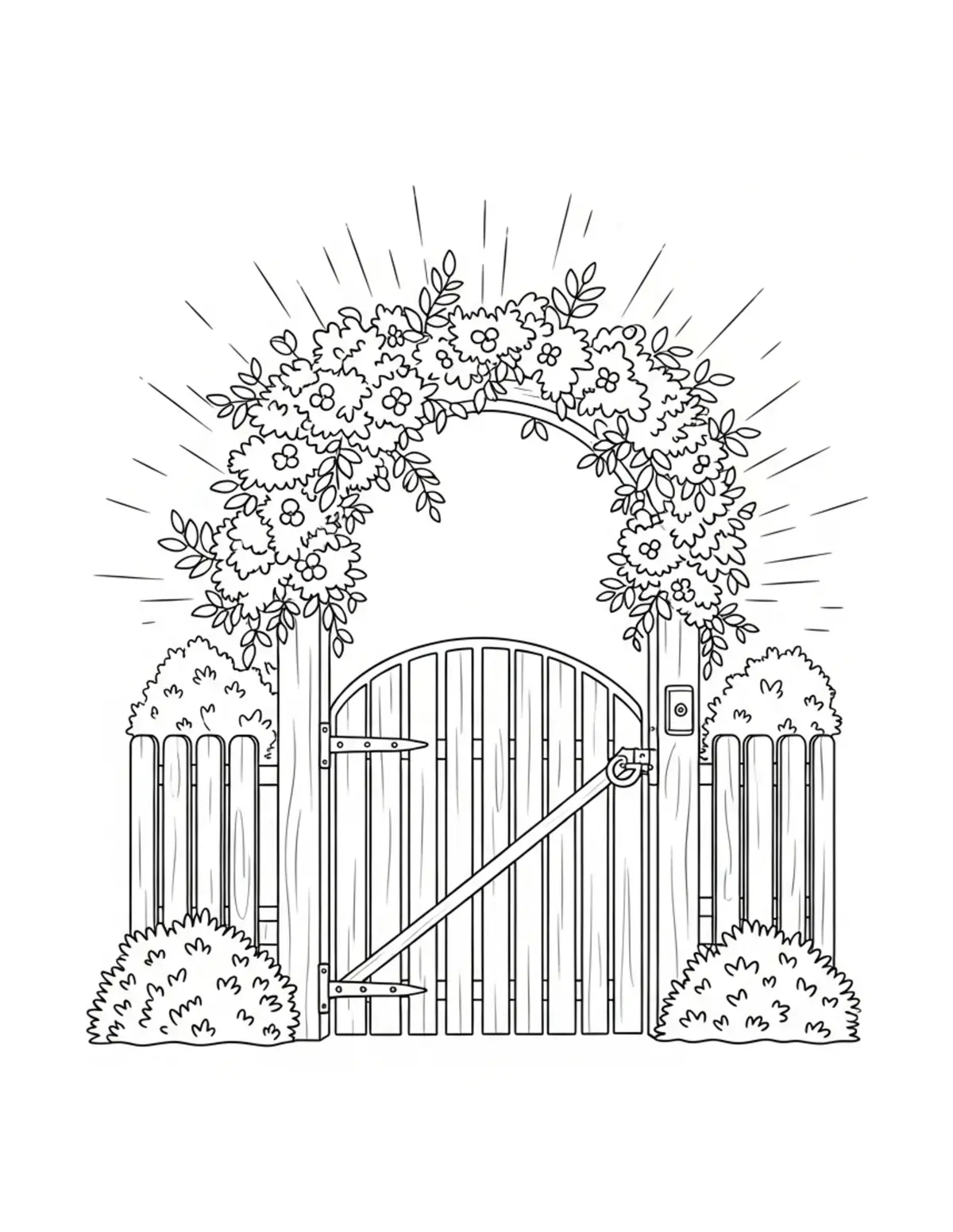 Free printable coloring page: cozy summer garden gate coloring page. Cute and cozy summer design for kids and adults to download and print.