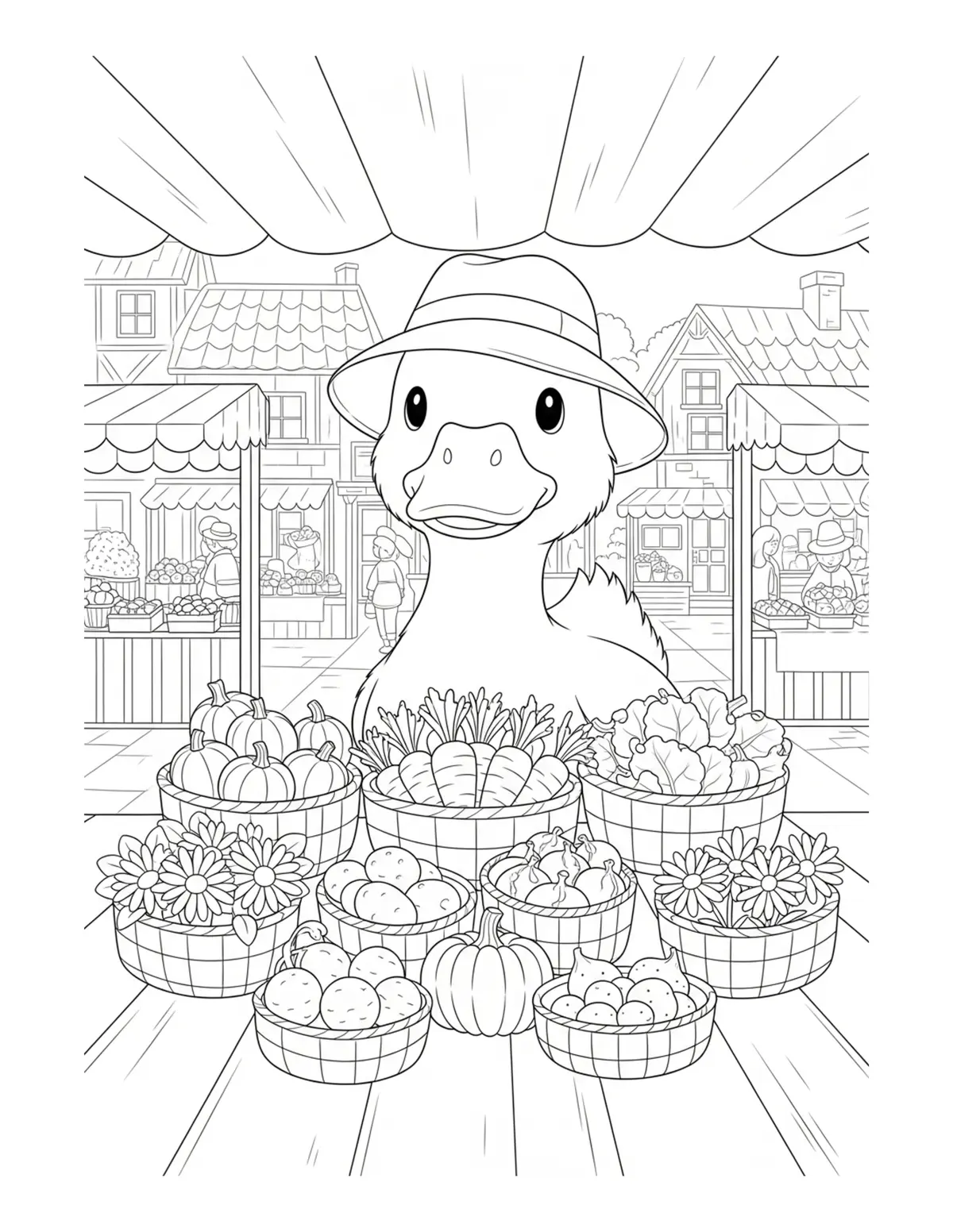 Cute Duck Farmer Market Colori — free printable cozy coloring coloring page for kids and adults