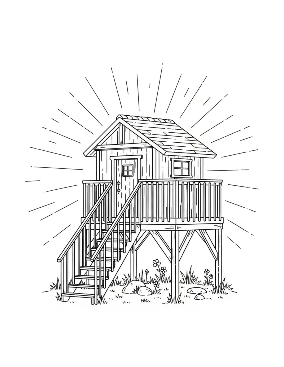 Free printable coloring page: secret-woodland-lookout coloring page. Cute and cozy design for kids and adults to download and print.