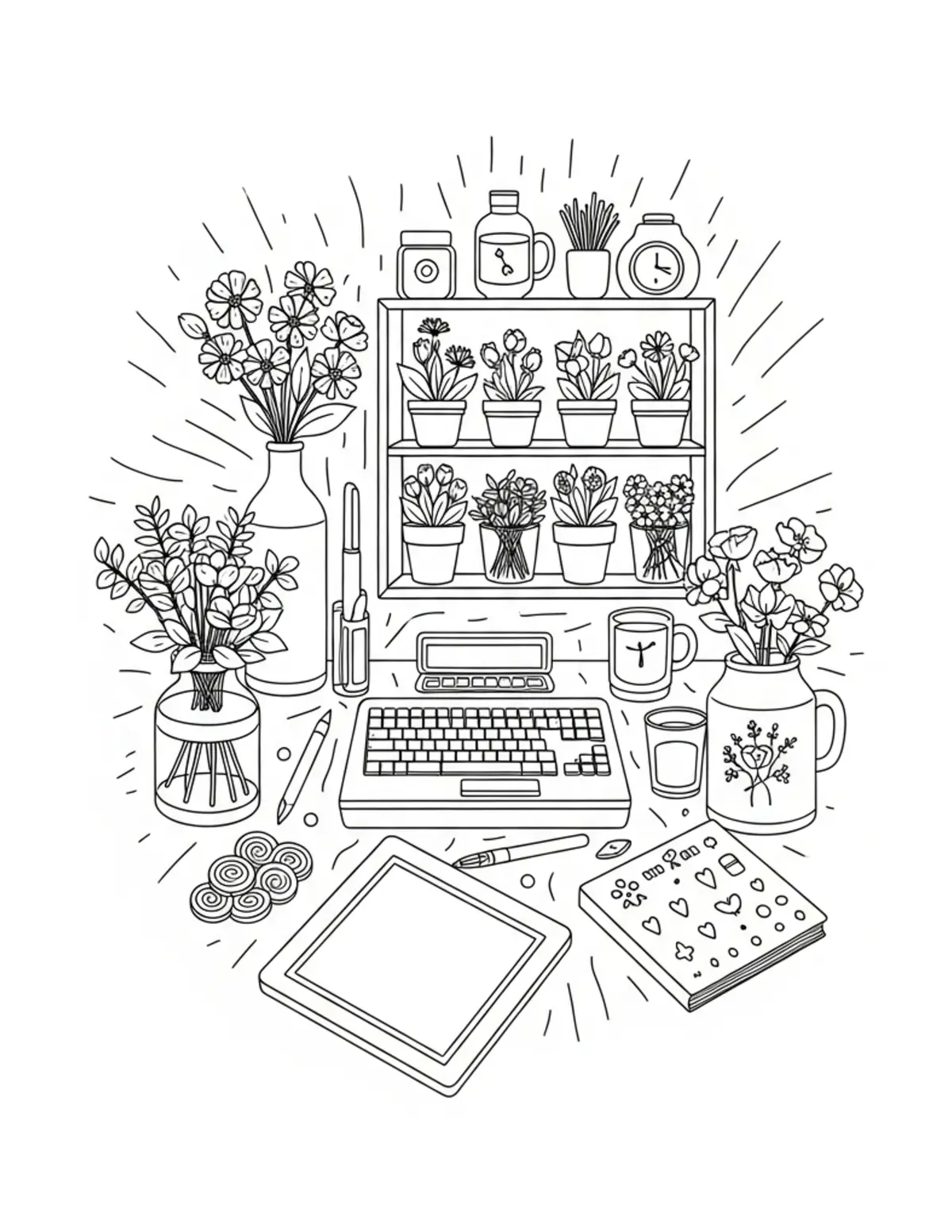 Free printable coloring page: cozy pressed flower workshop coloring page. Cute and cozy design for kids and adults to download and print.