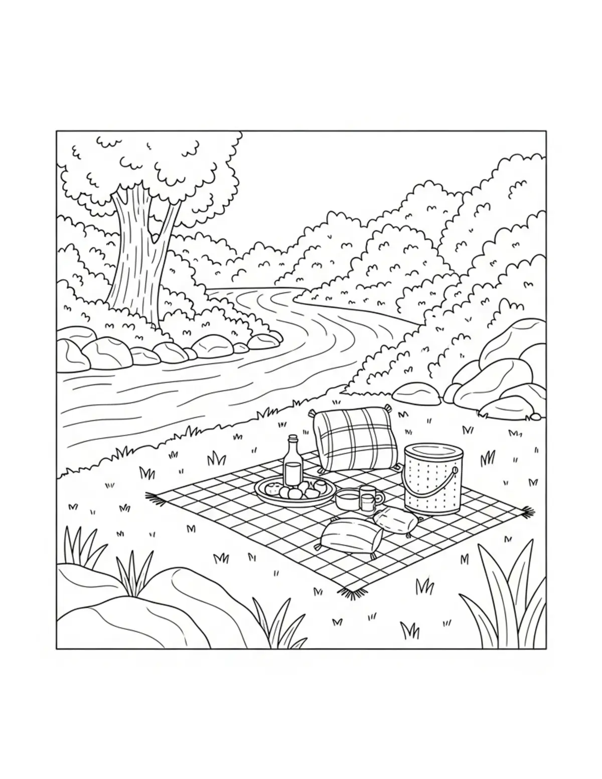 Free printable coloring page: cozy riverside picnic spot coloring page. Cute and cozy summer design for kids and adults to download and print.