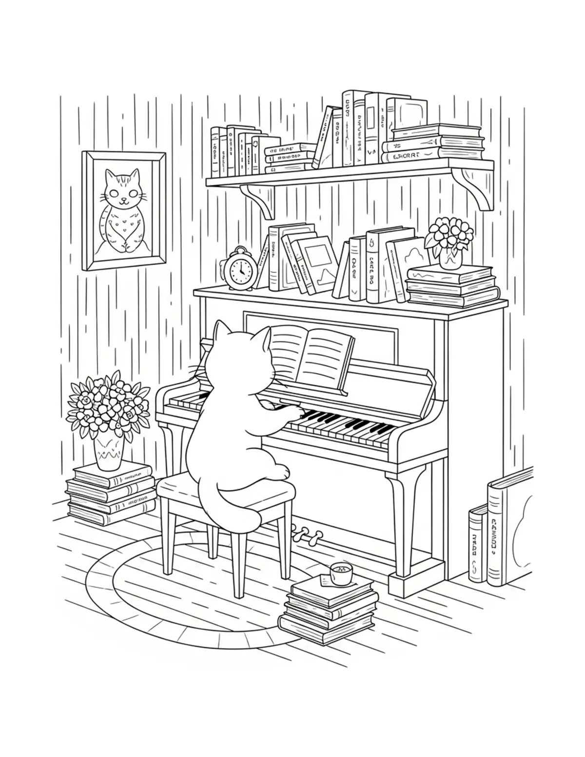 Cute Cat Music Room — free printable cozy coloring coloring page for kids and adults