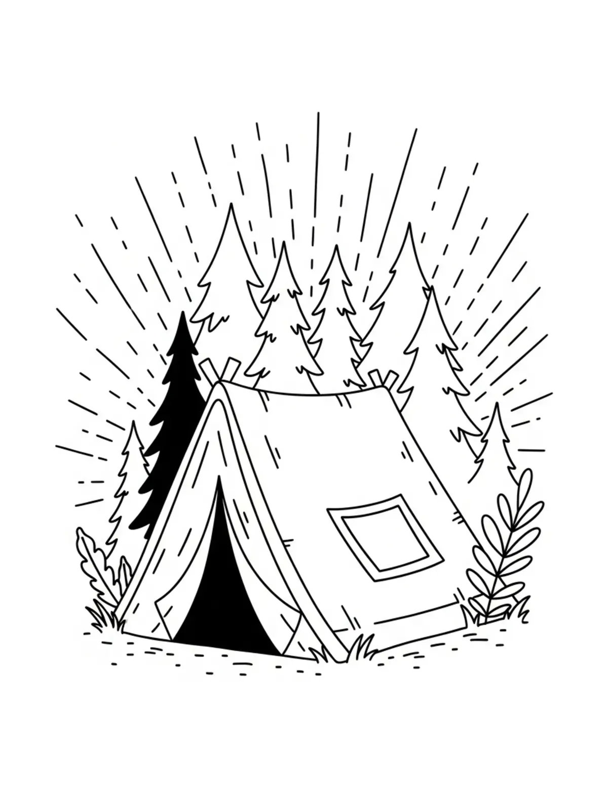 Free printable coloring page: mystery-forest-camp coloring page. Cute and cozy design for kids and adults to download and print.