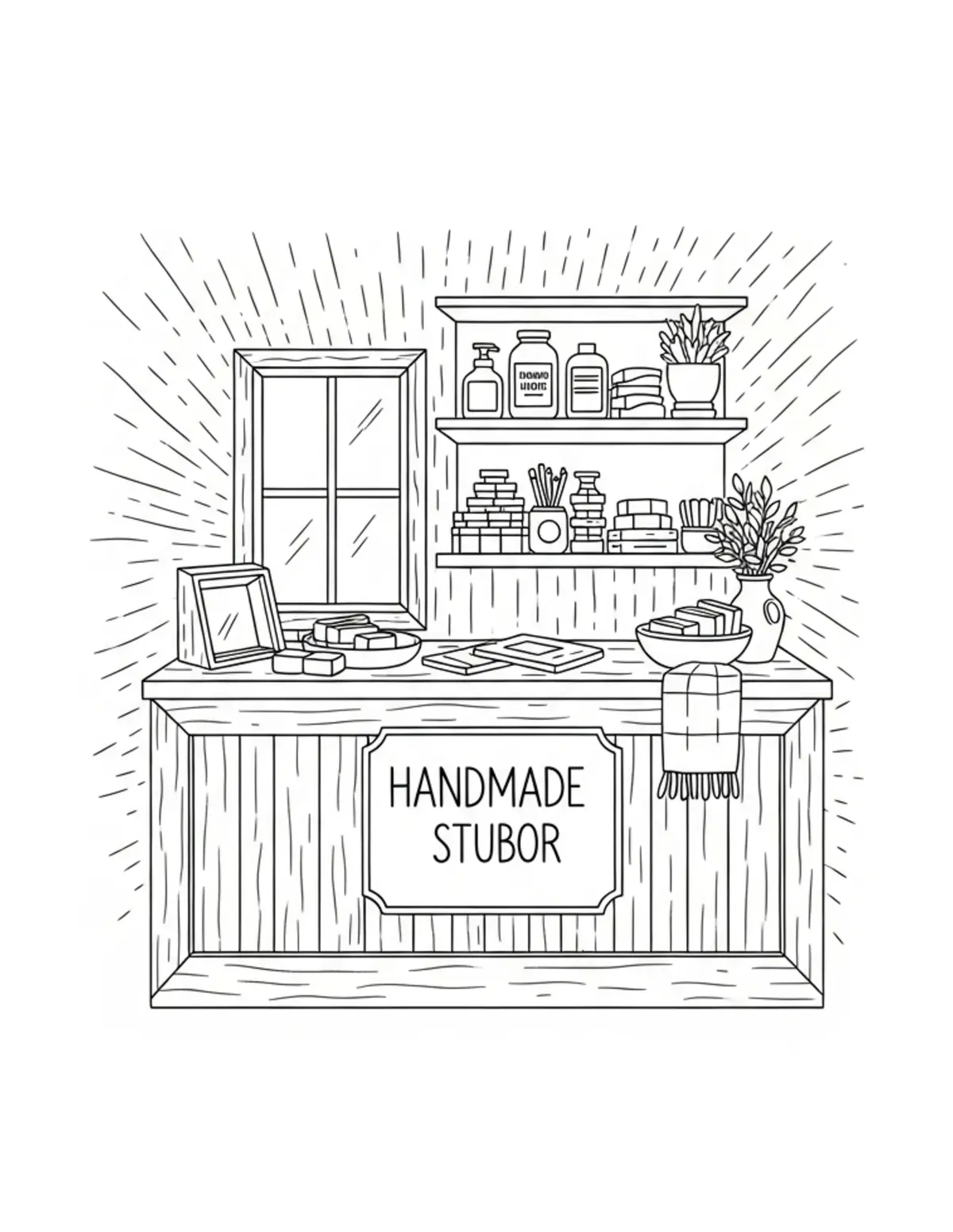 Free printable coloring page: cozy handmade soap studio coloring page. Cute and cozy design for kids and adults to download and print.