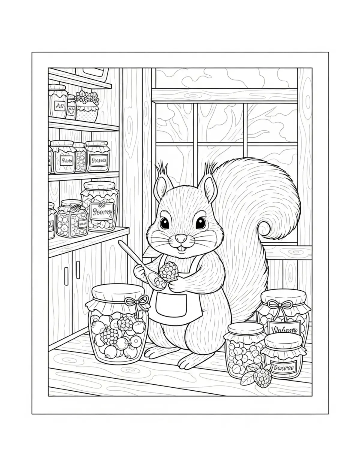 Cute Squirrel Jam Shop Colorin — free printable cozy coloring coloring page for kids and adults