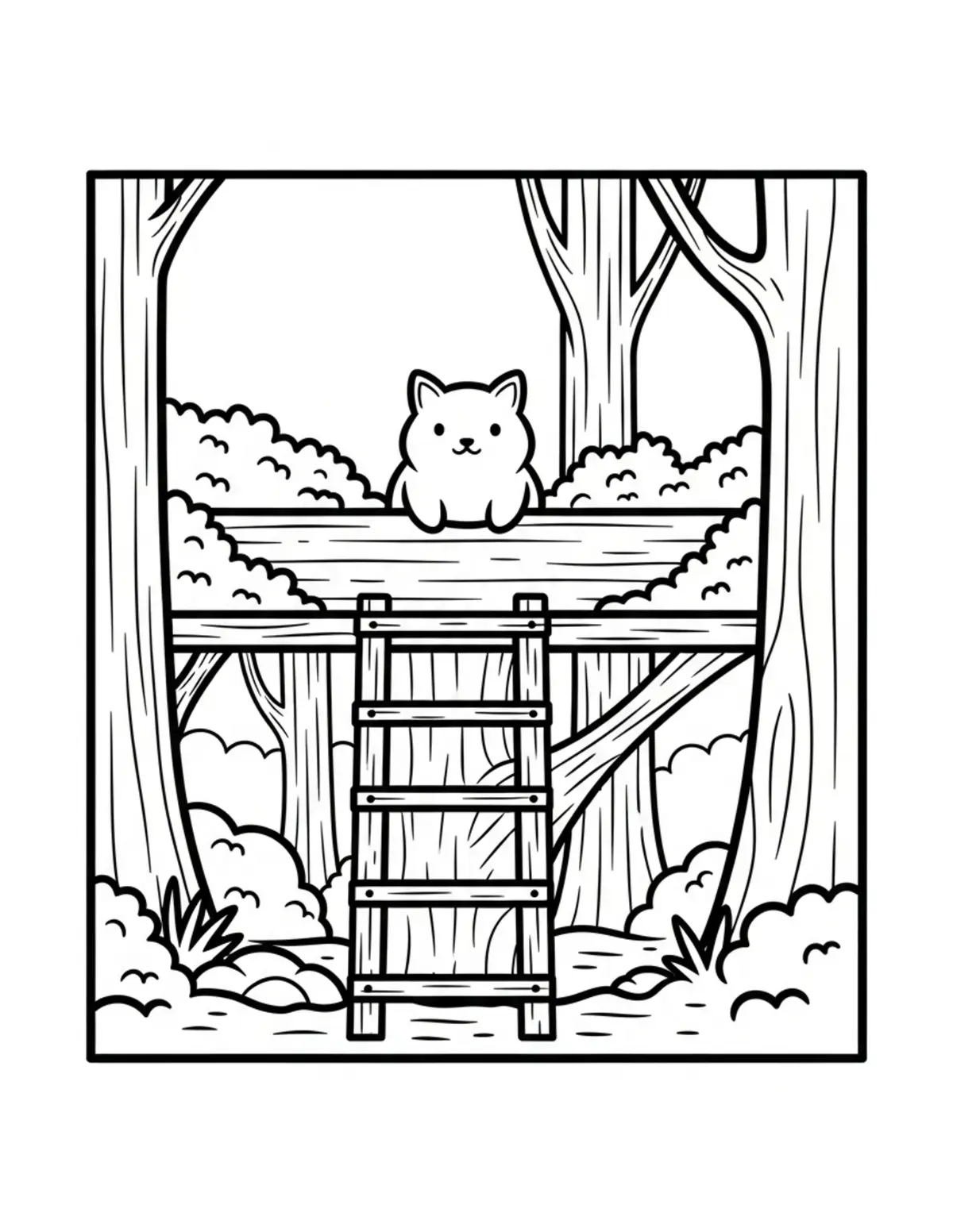 Free printable coloring page: hidden-woodland-tree-platform coloring page. Cute and cozy design for kids and adults to download and print.