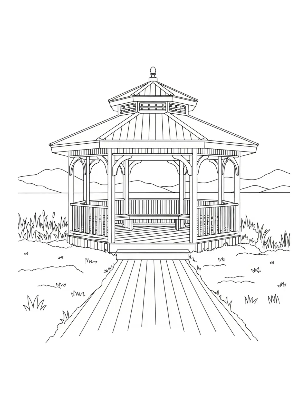 Free printable coloring page: cozy lake view gazebo coloring page. Cute and cozy summer design for kids and adults to download and print.