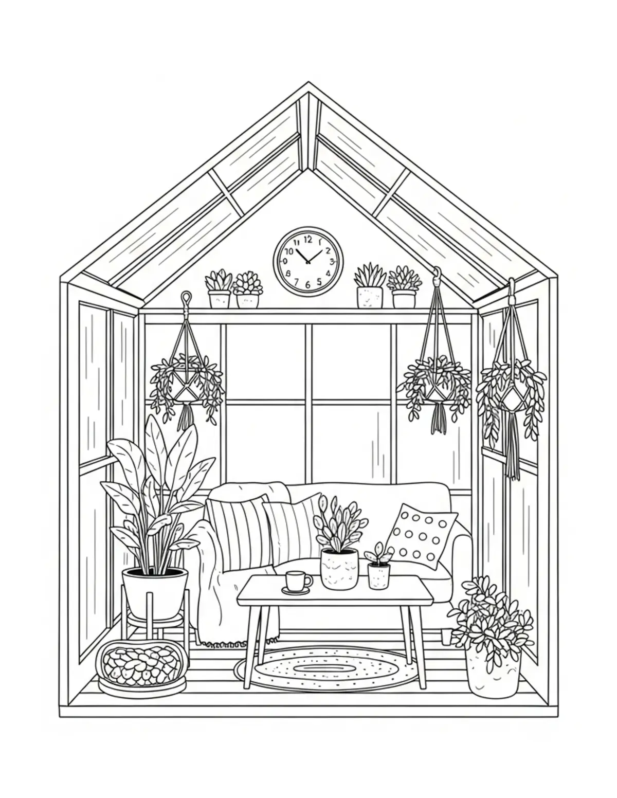 Free printable coloring page: cozy mini greenhouse interior coloring page. Cute and cozy design for kids and adults to download and print.